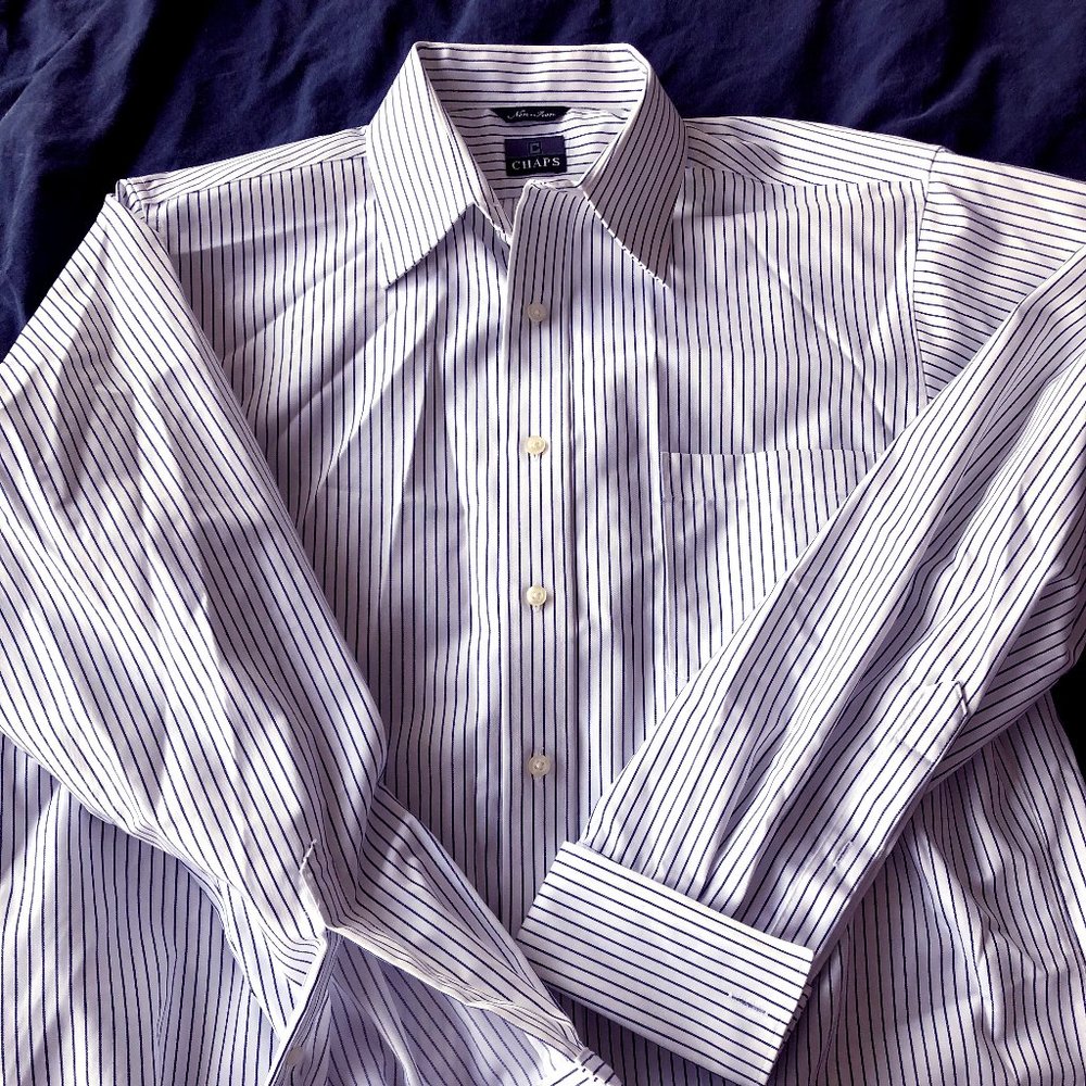 Chaps Shirt French Cuffs White Blue Pinstripes 16